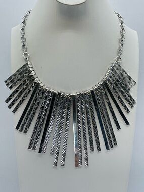 Silver Tone Fringe Statement Necklace Textured Tribal Boho Bib